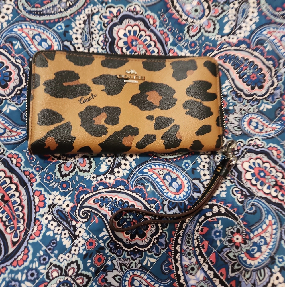 Coach Leopard-Print Zip Wristlet Wallet in Tan and Black